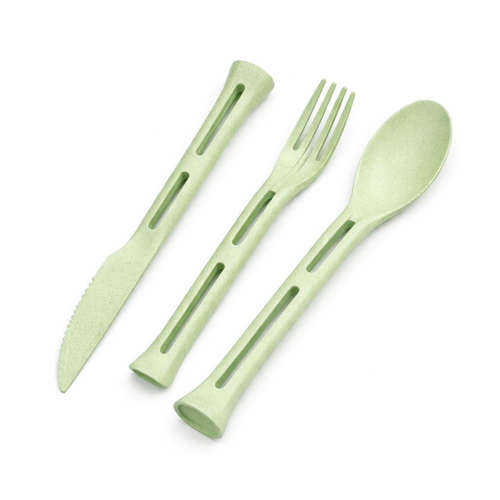Queenfreecosh® 3-in-1 Detachable Wheat Straw Utensil Set - Portable All-in-One Knife Fork Spoon for Travel & Camping
