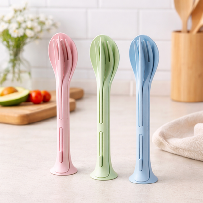 Queenfreecosh® 3-in-1 Detachable Wheat Straw Utensil Set - Portable All-in-One Knife Fork Spoon for Travel & Camping